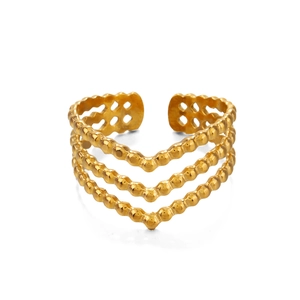 Adjustable 18K gold plated V-shape stackable ring with beaded texture for women
