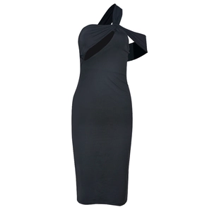 Detail of slim-fit black one-shoulder dress featuring chest cutout and elegant silhouette
