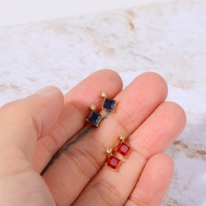Minimalist square birthstone earrings with blue and red gems and gold plated finish