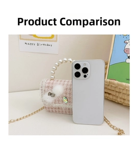 Detailed size comparison of pink tweed mini bag next to a white smartphone
