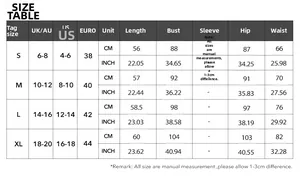 Detailed size chart for the elegant halter neck bodycon dress including UK, US, and EU measurements