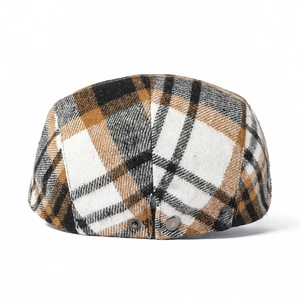 Classic brown plaid newsboy cap with adjustable back buckle in wool-like texture