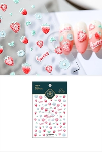 Detail of 3D embossed nail stickers featuring strawberries and flowers, model TS-1299
