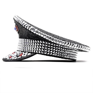 Luxe Captain Hat with black sequins, silver studs and colorful rhinestones for party