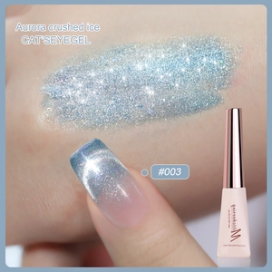 Close-up of Aurora crushed ice cat eye gel nail polish in silver blue shade #003