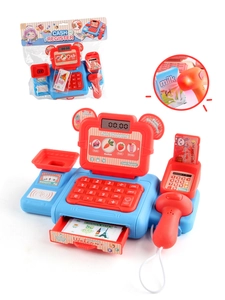 Detailed view of kids' cashier toy with scanner, play money, and milk box accessories