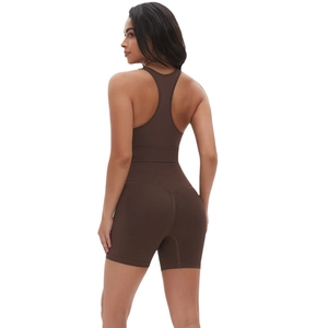 Combinaison de yoga sans couture marron café avec dos nu et effet galbant taille haute