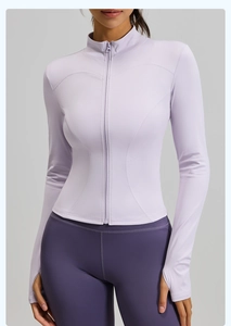 Detail of lavender slim fit sports jacket showing stand collar and functional thumb holes
