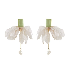 Elegant organza fabric bow earrings with green stones and pearl drop accents