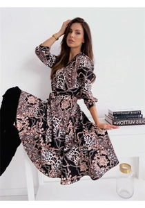 Elegantes langärmliges Kleid mit V-Ausschnitt, Goldkettenmuster und Leoparden-Print