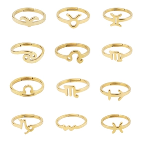 Set of 12 zodiac mirror stainless steel rings in 18k gold adjustable open design