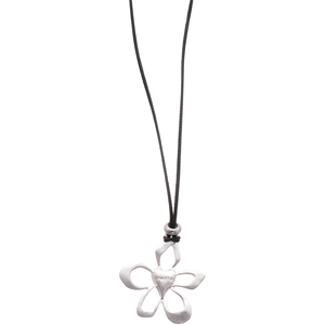 Silver hollow flower pendant with heart detail on a slim black rope necklace
