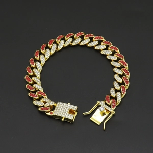 Bracelet cubain 12mm en or avec strass rouges et blancs pour un style hip hop tendance
