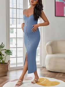 Blue ribbed knit maternity maxi dress with buttons and sleek sleeveless straps for women