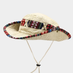 Detail view of ethnic sun hat with colorful woven band and adjustable chin strap