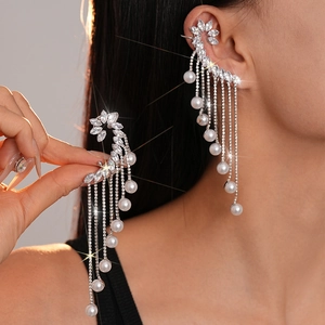 Boucles Oreilles Manchette Long Frange Cuivre Zircon Künstliche Perle Imitation Forme Feuille Fleur Sans Perçage Élégant Femmes