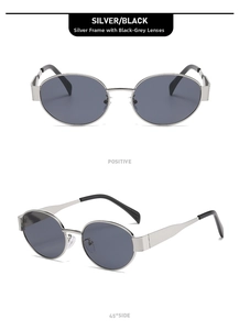 Detail view showing front and 45-degree side of silver oval metal sunglasses with dark lenses