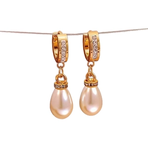 Sweet micro-paved gold hoop earrings with elegant drop pearl pendants for women