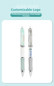 Detail of retractable pens with soft grips and custom logo options in Macaron colors
