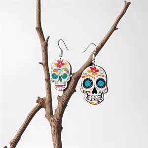 Colorful sugar skull acrylic earrings with floral pattern for Halloween and festival fashion