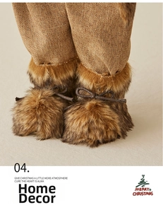 Close-up of Santa Claus doll featuring burlap trousers and plush boots with bow details