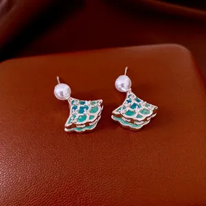 Elegant silver ginkgo earrings with blue-green enamel, pearls and sparkling zircons