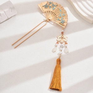 Chinese bridal fan hairpin in gold with blue floral detail and elegant long tassel