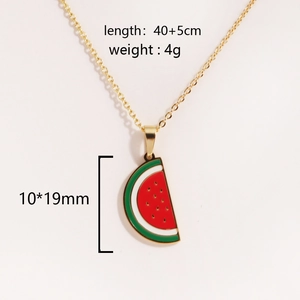 Detail of gold titanium steel watermelon pendant necklace showing dimensions 10x19mm and weight 4g