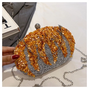 Close-up of silver pumpkin clutch with orange shell fragments and crystal ball lock