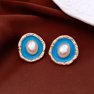 Vintage Enamel Faux Artificial Pearl Stud Earrings With Silver Earring Post Irregular Oval Alloy Retro French Style For Women