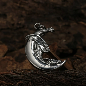 Vintage Drachen und Halbmond Anhänger Halskette aus Edelstahl für Herren