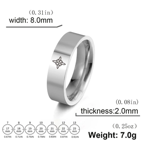Polished 8mm stainless steel ring with Celtic knot laser engraving and size chart details