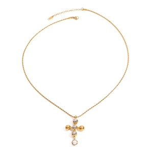 Collier croix en acier inoxydable plaqué or 18 carats avec perles et chaîne torsadée