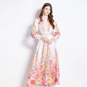 Elegant floral print maxi dress with stand collar and long sleeves for women