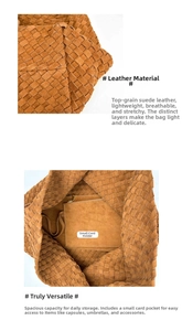 Detail of woven matte cowhide leather texture and inner pocket of the large brown tote