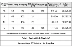 Tableau des tailles détaillé pour mini-jupe sexy en denim extensible avec mesures en coton