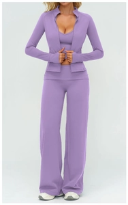 Detail of lavender purple yoga 3-piece set with hooded jacket, sports bra and wide pants