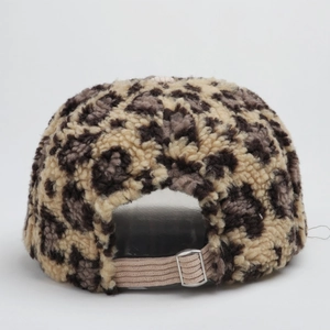 Retro leopard print fleece baseball cap with corduroy strap and metal buckle adjustment