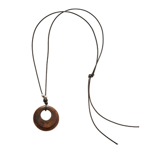Retro geometric resin circle long sweater necklace with brown wood texture and black cord