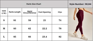Detaillierte Größentabelle für nahtlose Yoga-Leggings mit hoher Taille in Dunkelviolett