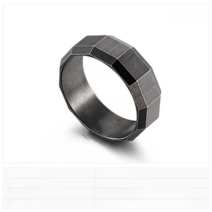 Close-up of 8mm brushed stainless steel ring showing octagon edge and metal texture