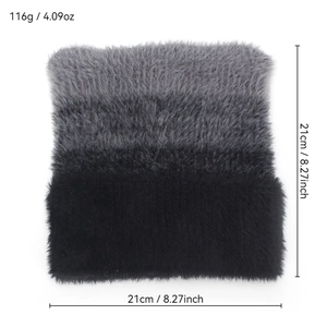 Plush tricolor knit neck warmer in gray and black with dimensions and weight display