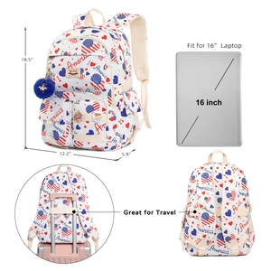 Detail view of laptop backpack dimensions, 16 inch laptop fit, and luggage strap feature