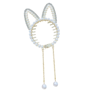 Pince à cheveux oreilles de chat avec perles et longues chaînes dorées pour filles