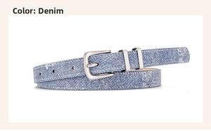 Detail view of denim texture belt with frosted silver buckle and dual leather loops