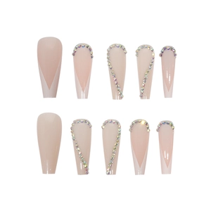 Long ballerina press-on nails with white V-cut french tips and luxury colorful rhinestones