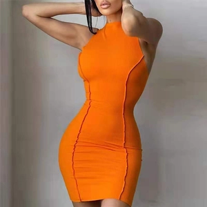 Women Mini Dress Ribbed Knit Sleeveless Crew Neck Bodycon Outer Seam Slim Fit Sexy Casual Streetwear Solid Color
