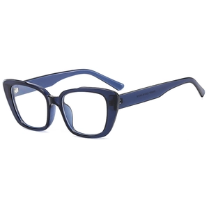 Minimalist cat eye blue light blocking glasses in translucent dark blue resin frames