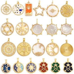 Pendentifs Boussole Bouclier Étoile Lune Soleil Céleste Pour La Fabrication De Bijoux Bricolage Laiton Plaqué Or Zircon Coquille Émail