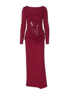 Eng anliegendes burgunderrotes Maxikleid mit U-Ausschnitt, Mesh-Einsatz und Taillenfalten